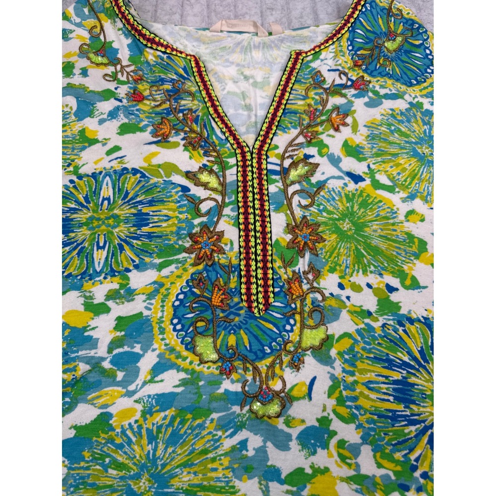 Soft Surroundings Green Blue Floral Medallion Embellished Tunic Top SBF27‎
